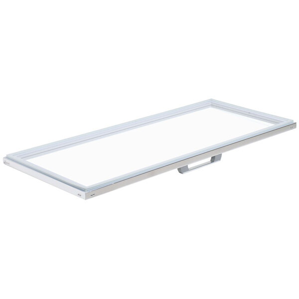 A white rectangular door with a handle on the left side.