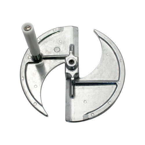 A metal circular plate with a white handle and a screw.