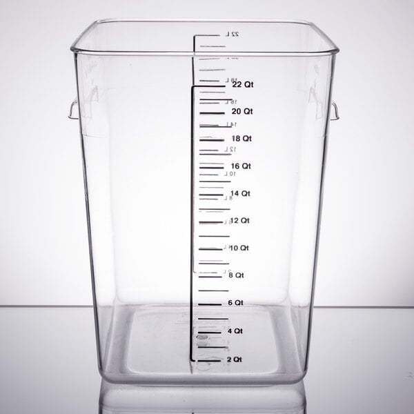 A Rubbermaid clear plastic container with a measuring scale.