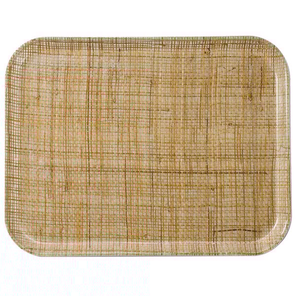 A rectangular Cambro tray with a woven rattan pattern.