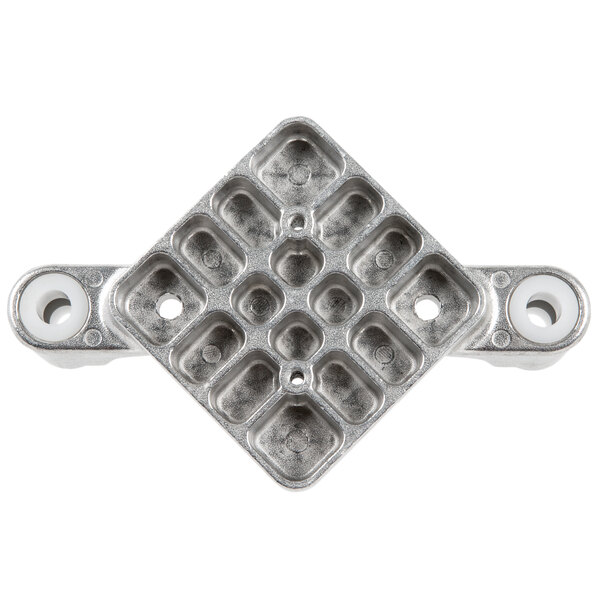A silver metal Nemco push block guide assembly with holes.