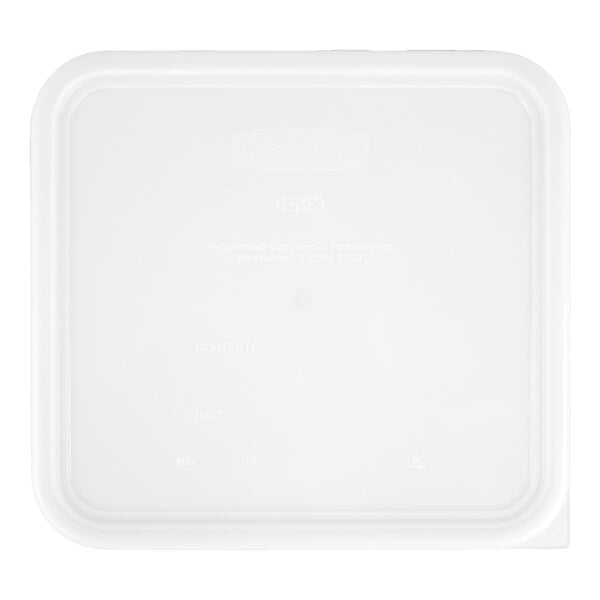 A white square Rubbermaid food storage container lid.