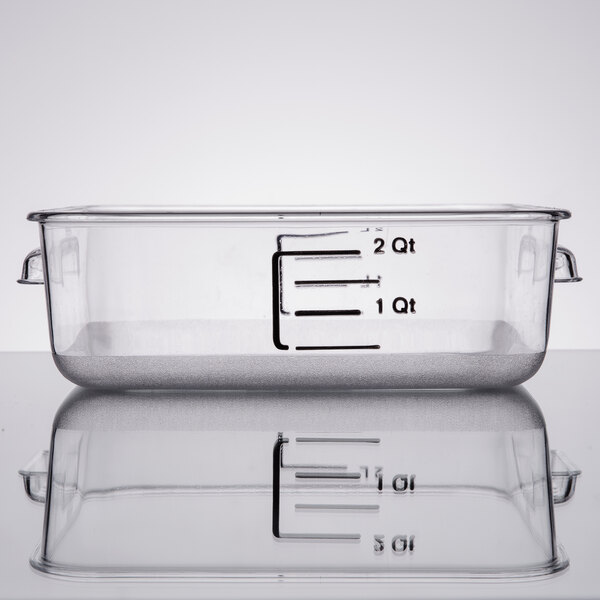 A close-up of a clear Rubbermaid food storage container.