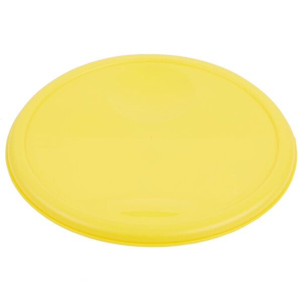 A yellow lid for Rubbermaid round food storage containers.