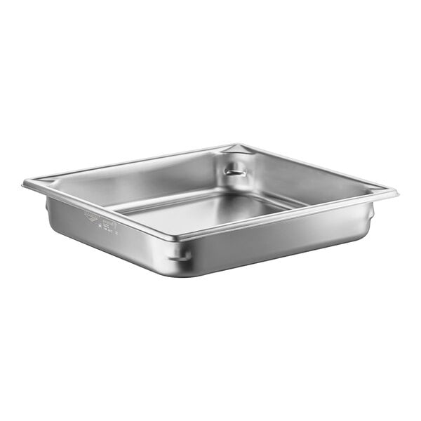 A Vollrath stainless steel 2/3 size steam table pan with a square edge.