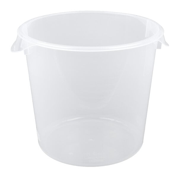 A translucent round polypropylene food storage container with an 18-quart capacity.