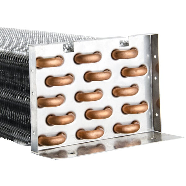 An Avantco evaporator coil with copper pipes inside a metal box.