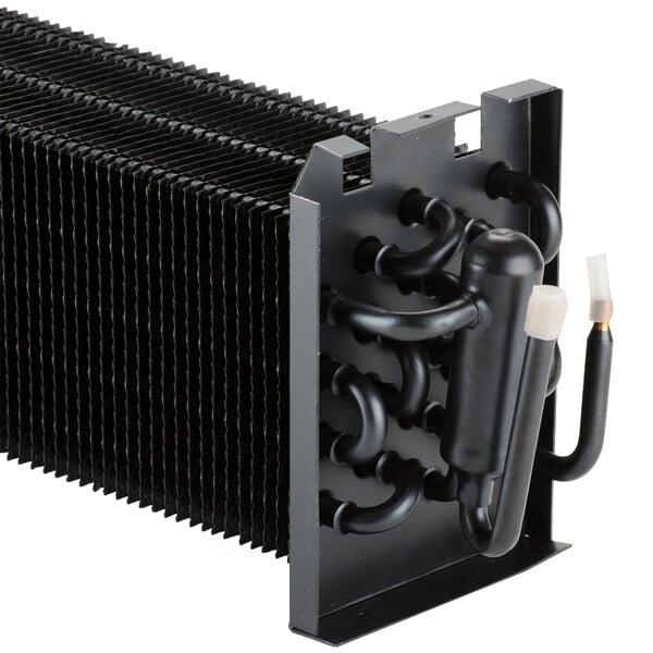 A close-up of a black metal Avantco evaporator coil with several pipes.