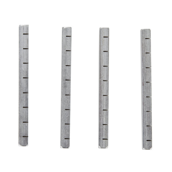 A row of rectangular metal bars with holes of different lengths.
