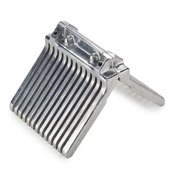 A silver metal block assembly with a handle.