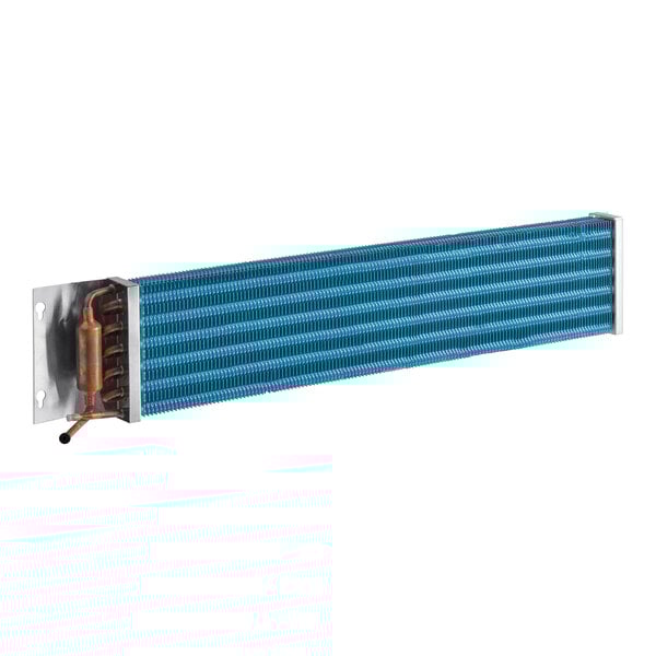 An Avantco evaporator coil with blue and black plastic on a metal surface.