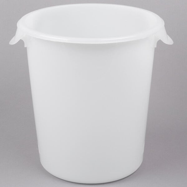 A white plastic bucket with handles on it.