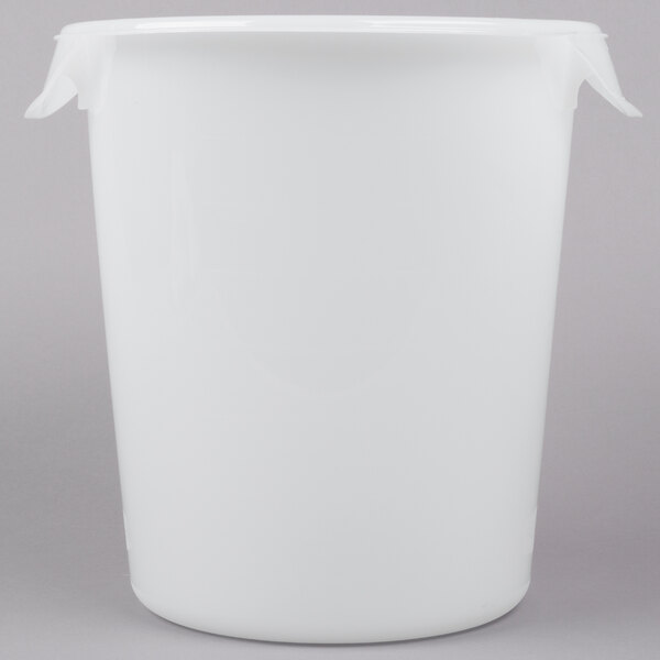 A white Rubbermaid food storage bucket with a plastic lid and handles.