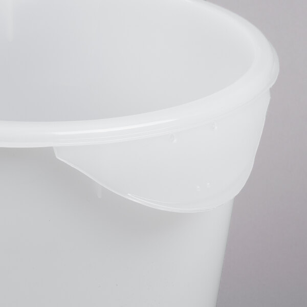 A white Rubbermaid polyethylene food storage container with a lid.