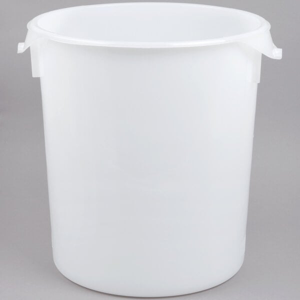 A white Rubbermaid round food storage bucket with white handles.