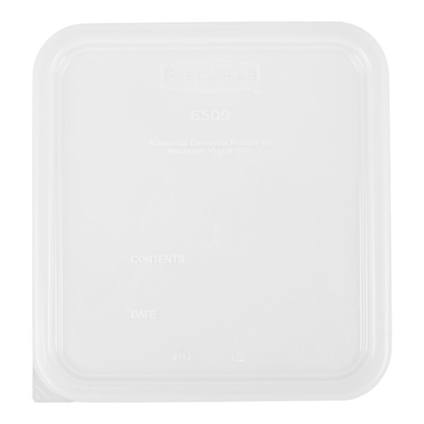 A white plastic Rubbermaid container lid.