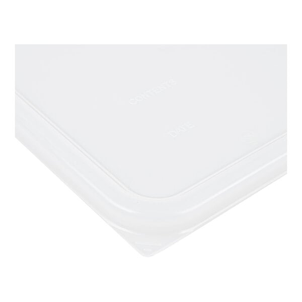 A white Rubbermaid polyethylene food storage container lid.