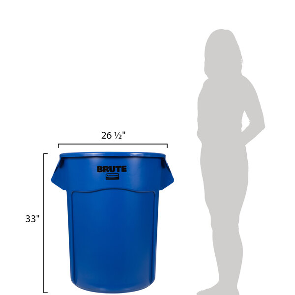 A woman standing next to a blue Rubbermaid BRUTE trash can.