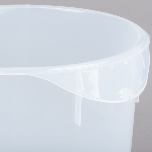 A Rubbermaid translucent round plastic food storage container with a lid.