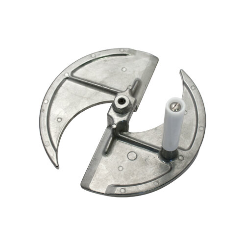 A metal circular plate with a white metal cap and handle.