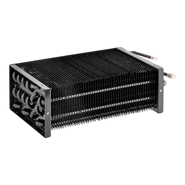 An Avantco black metal evaporator coil with many small holes.