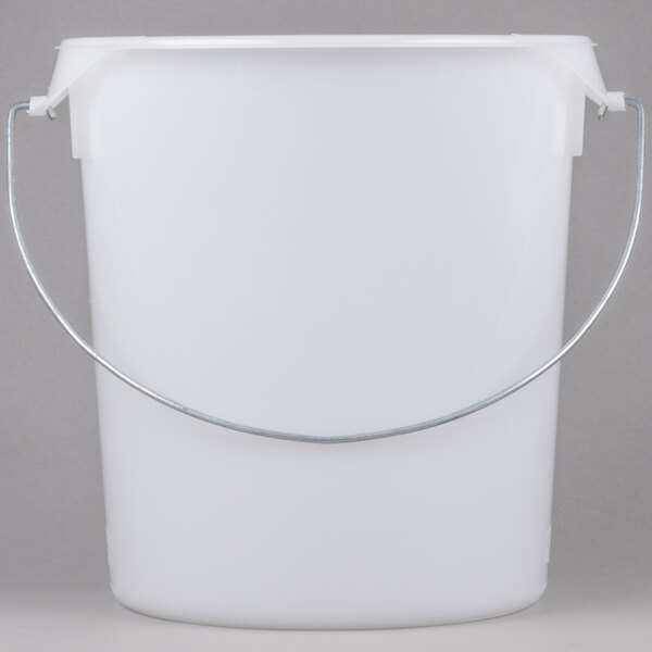 A white bucket with a metal handle.