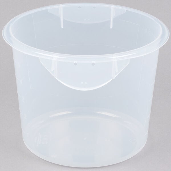 A clear plastic Rubbermaid food storage container with a white lid.