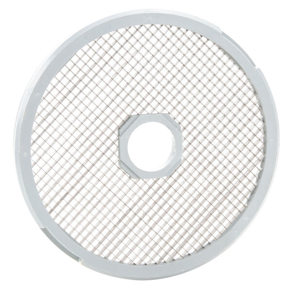 A white circular Robot Coupe dicing grid with a hole in the middle.