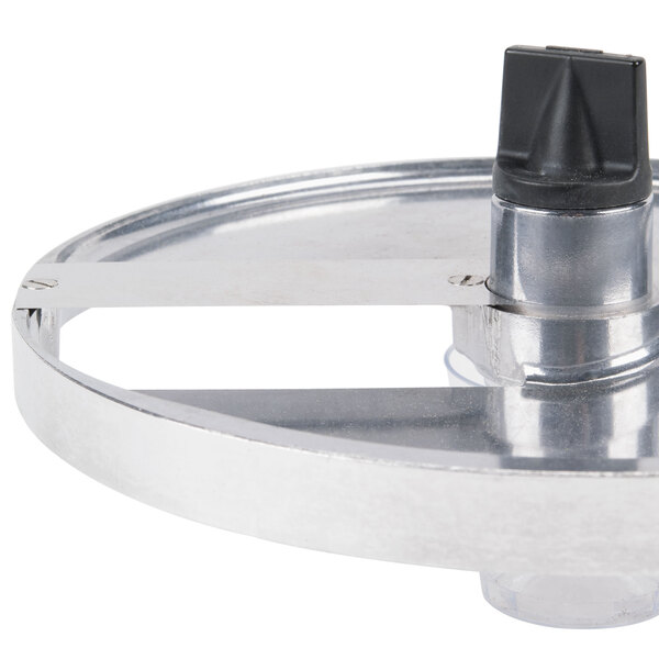 A Robot Coupe 15/32" circular metal slicing disc with a black handle.
