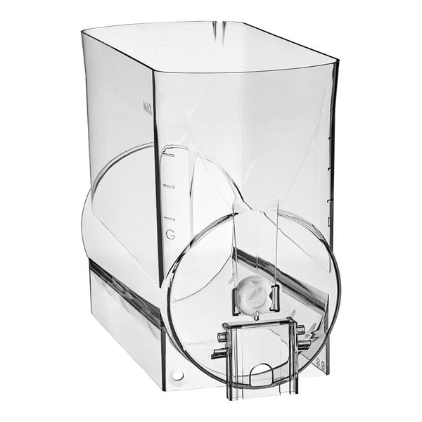 A clear plastic Bunn hopper assembly with a round lid.