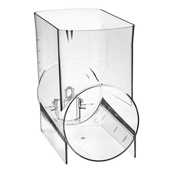 A clear plastic container with a round tube and a metal lid for a Bunn slushy machine.
