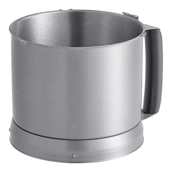 A silver stainless steel bowl with a black handle.