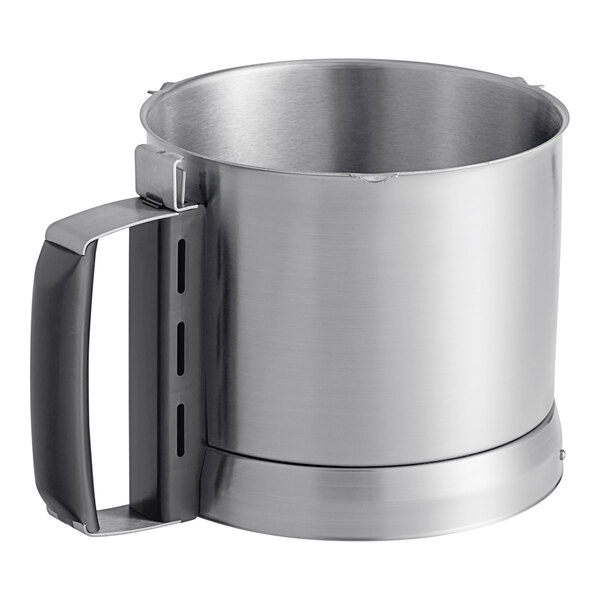 A Robot Coupe stainless steel bowl with a black handle.
