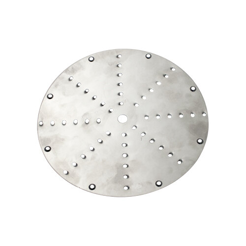 A circular metal plate with holes.
