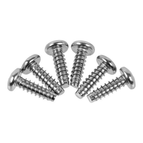 Six shiny metal screws arranged in a semi-circle on a white background.