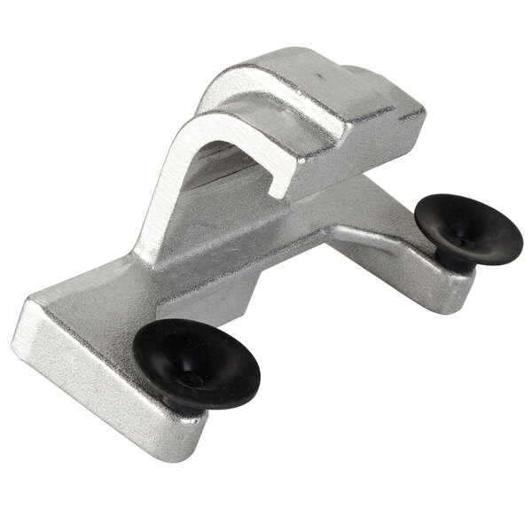 A silver metal bracket with black plastic knobs.