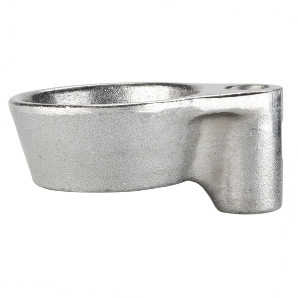 A silver metal pipe clamp with a white background.