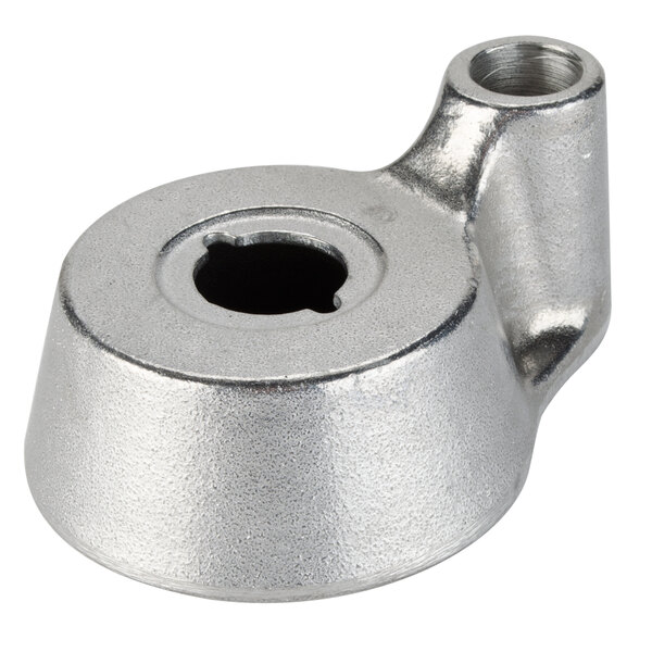 A silver metal support with a hole in it.