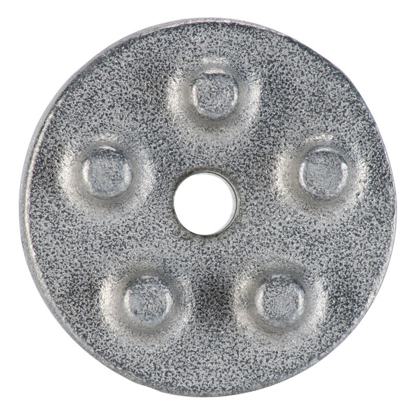 A round metal plunger with holes.