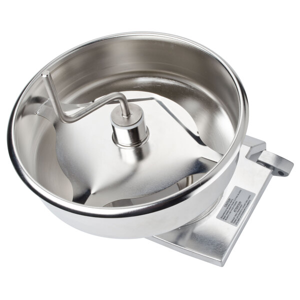 A stainless steel Robot Coupe bulk feed head with agitator.