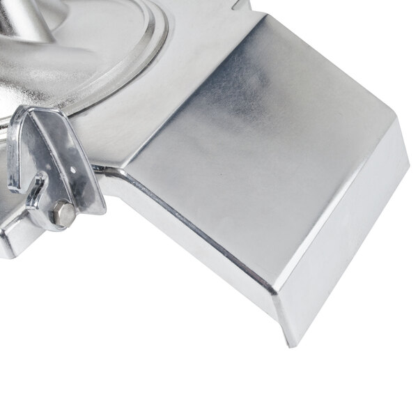 A silver metal Robot Coupe bulk feed head with agitator.