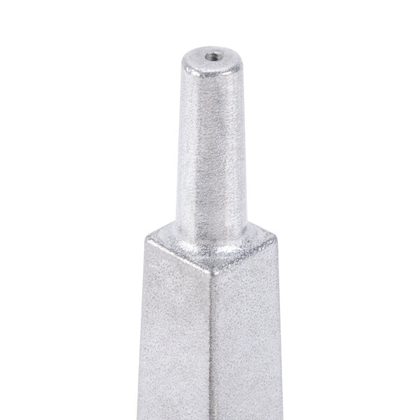 A close-up of a silver metal screw with a pointy tip.