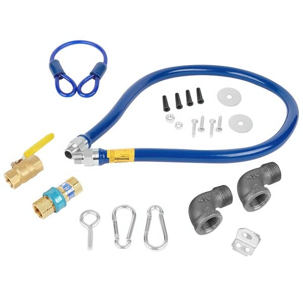 A blue Dormont gas connector hose with fittings and a restraining cable.