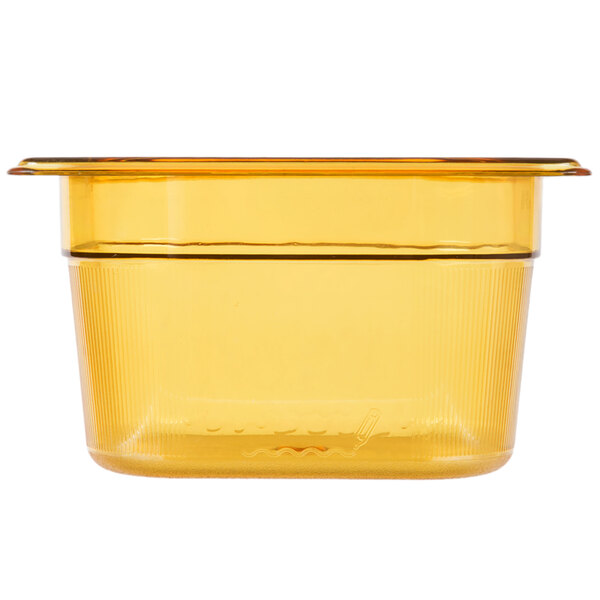 A yellow Rubbermaid plastic food pan.