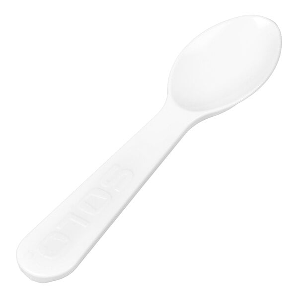 A white plastic spoon with a short handle and a rounded bowl, photographed on a white background.
