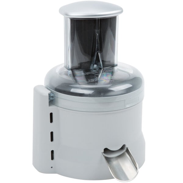 A Robot Coupe Cuisine Kit juicer with a silver lid and a silver metal handle.