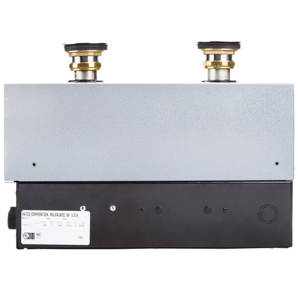 The back of a black rectangular Hatco food rethermalizer with two black and silver switches.