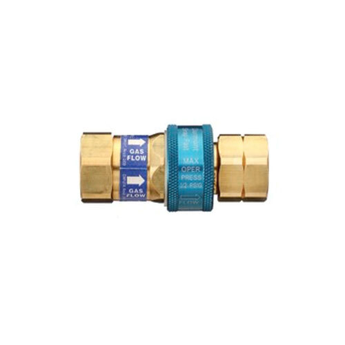A Dormont brass and blue Quick Disconnect fitting with a white and blue label.