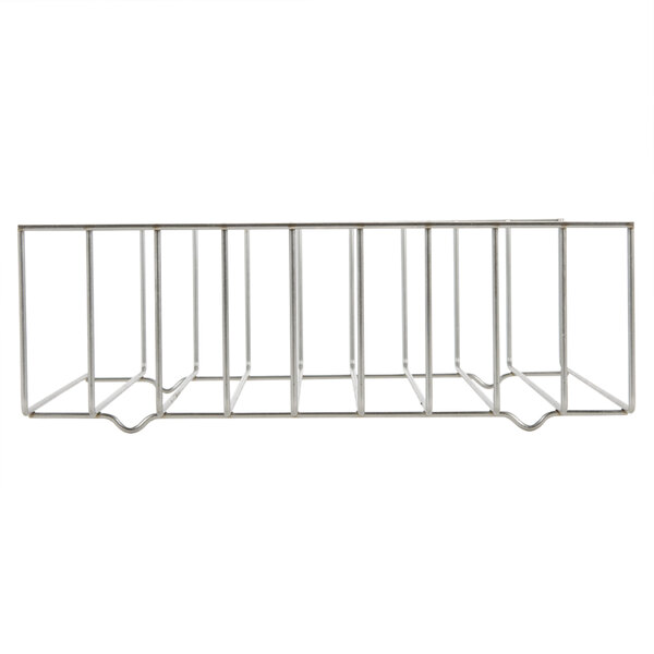 A metal rack with six rows of metal rods on four shelves.