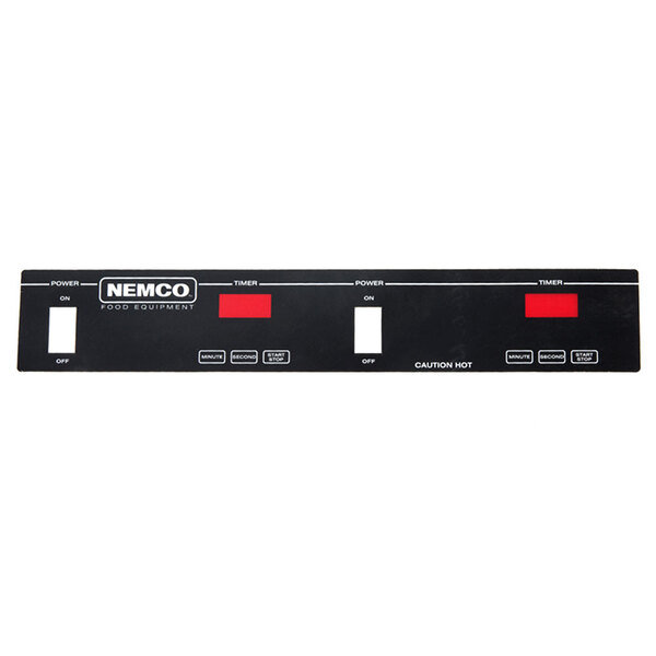 A black rectangular Nemco dual digital decal with white text and two red buttons.